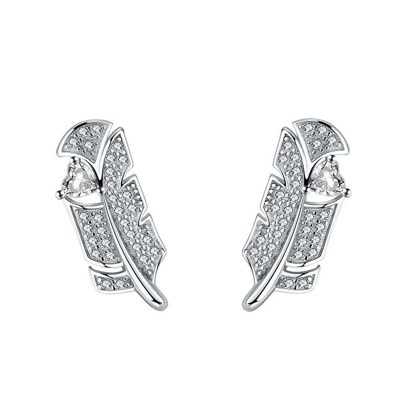

RINNTIN EQE05 Designer Jewelry Trendy Earrings 925 Silver Feather Shape Leaf Heart Zircon 3mm Sterling Silver Stud Earrings