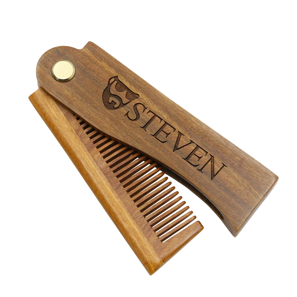 

Engraved Natural Green Sandalwood Fold Hair Comb For Men Beard Care Anti-static Custom Wooden Comb Hair Care Tools Hair Brush