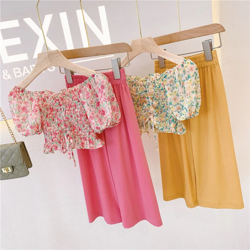 

Summer girls 2 pcs set baby blouse + pants kids suits children clothes floral pletaed elastic ruched puff sleeve