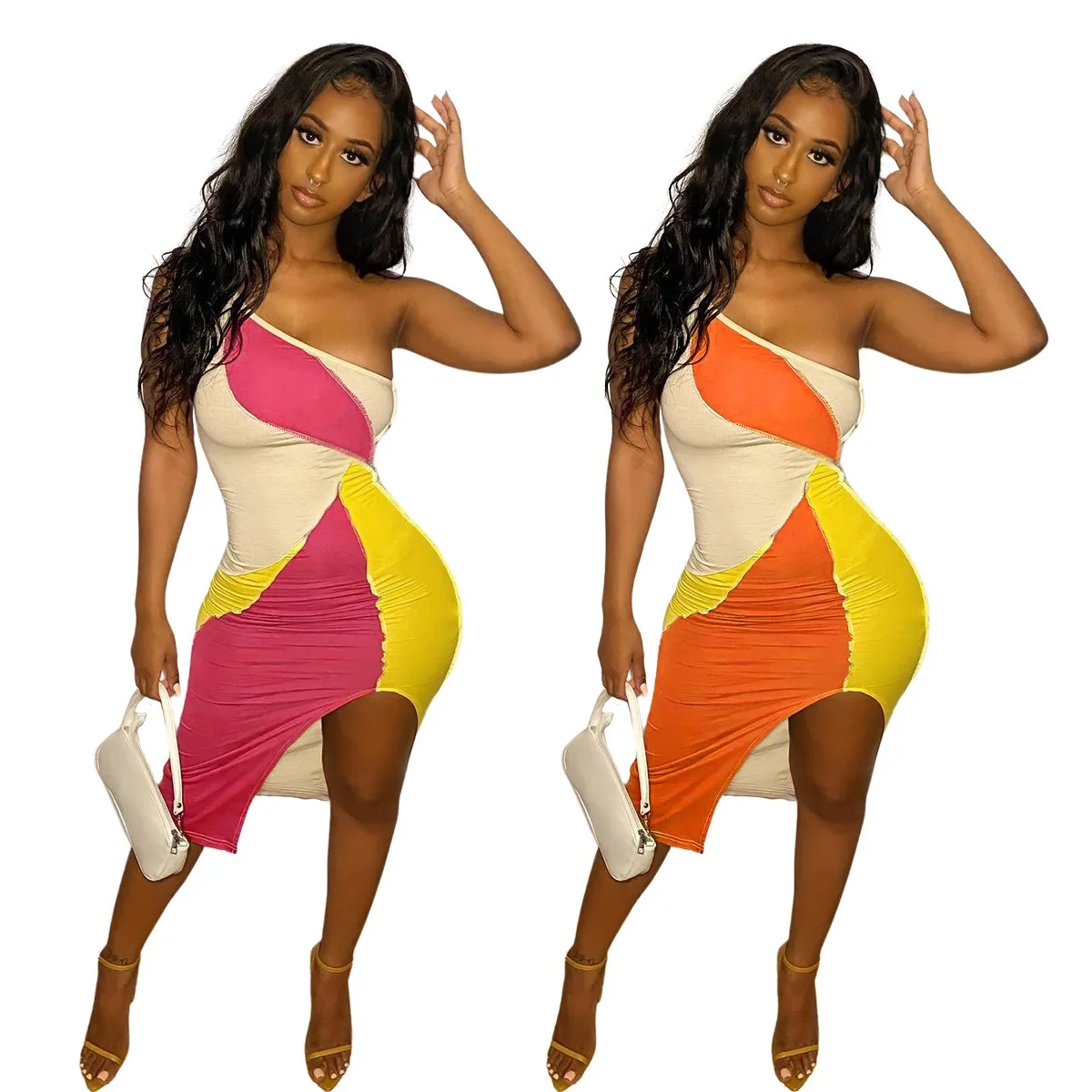 

2021 new arrivals sexy one shoulder bodycon dress women patchwork contrast color dress with slit casual dress, 2 color as picture