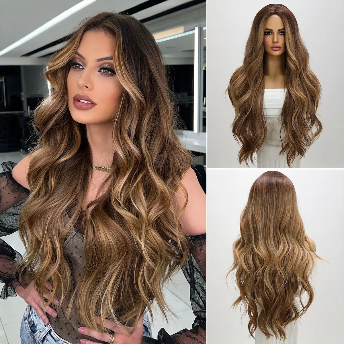 2025 New Style Women Hair Extensions Breathable Invisible Synthetic Brown Long Wave Curly Hair Wig for Women