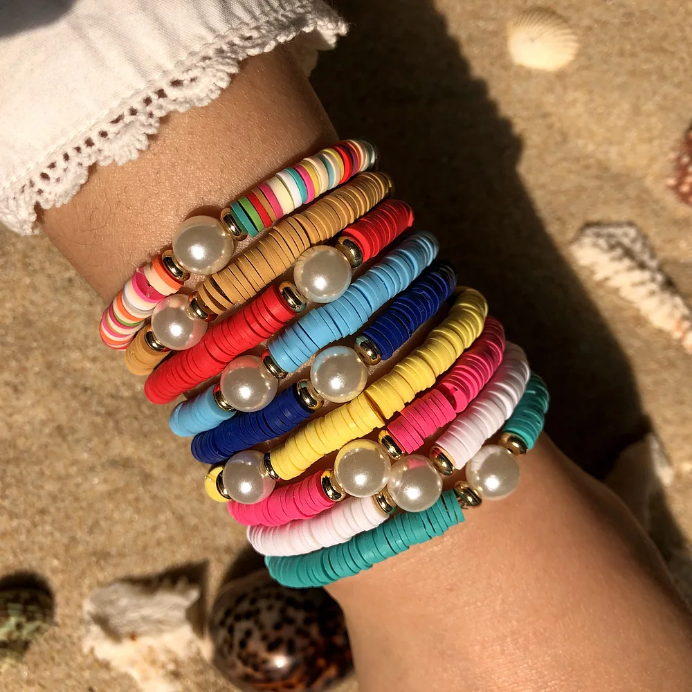 

Bohemian Pearl Soft Pottery Friendship Bracelet Elastic Colored Soft Clay Freshwater Pearl Charm Bracelet Beach Jewelry