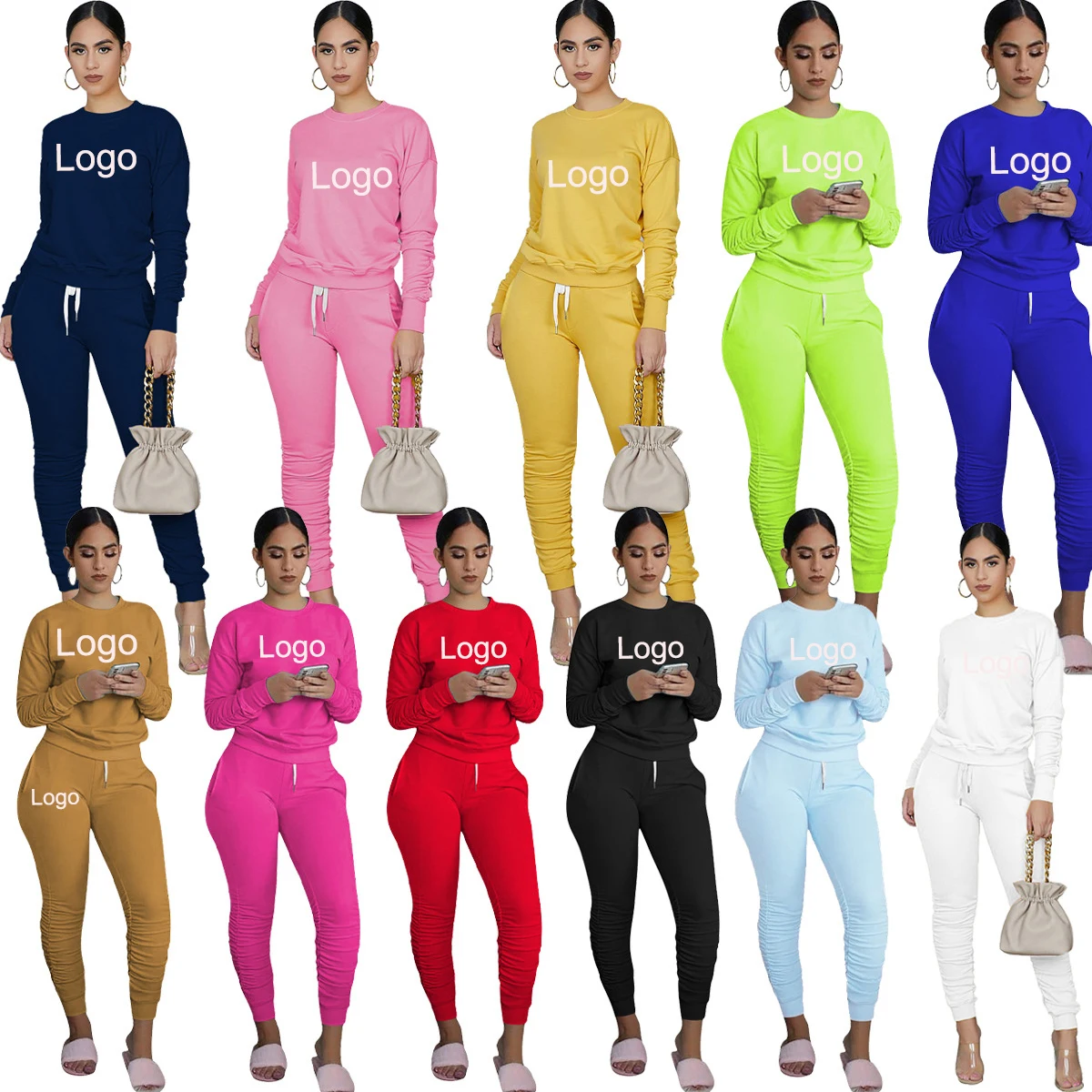 

2021 Casual Custom Logo Solid Ladies Long Sleeve Tops Stacked Pants Sweatsuit 2 Two Piece Pants Sets Spring Women Clothing