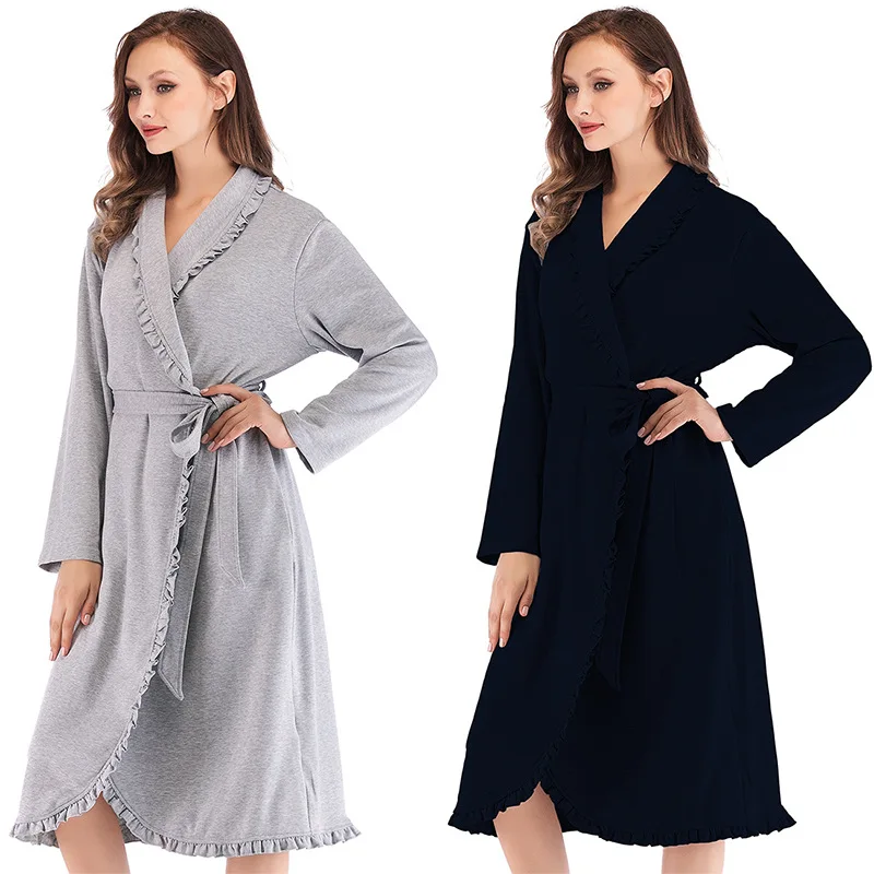 

European and American new Spring Autumn women's modal cotton loungewear long sleeved ruffled Cardigan Nightgown, 2 colors