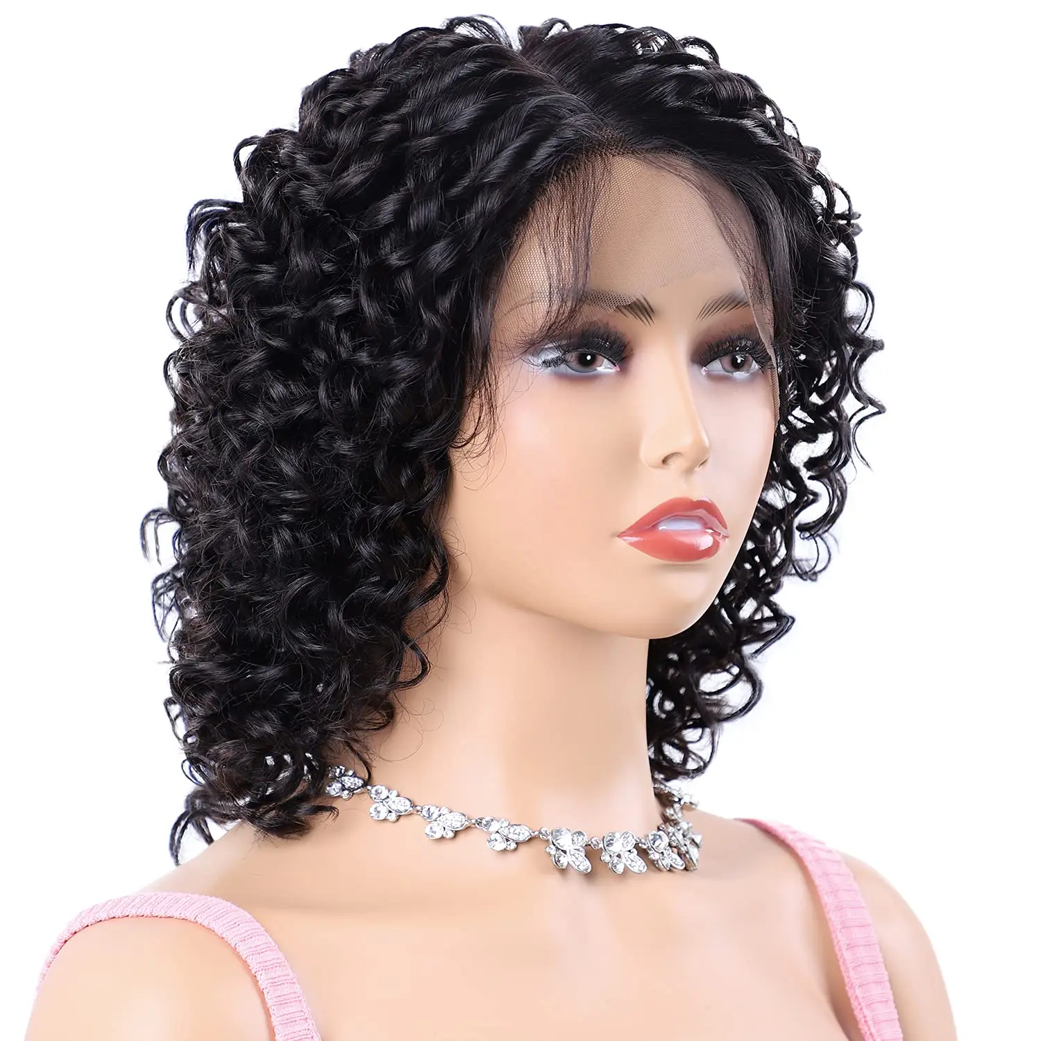 

Virgin Brazilian Bouncy Curly Remy Human Hair Wigs For Black Women Lace Front Wig Water Wave Bob Wig Pre Plucked with Baby Hair, Natural color1b