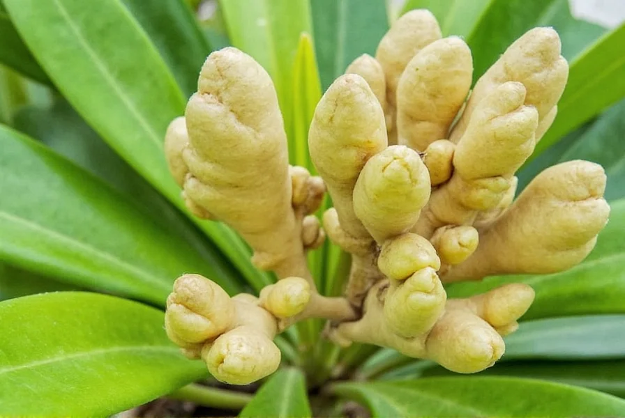Hand harvesting mature ginger rhizomes from well-prepared garden soil showing healthy root development
