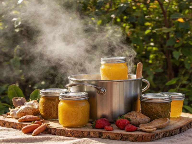 Water bath canner with jars and essential tools