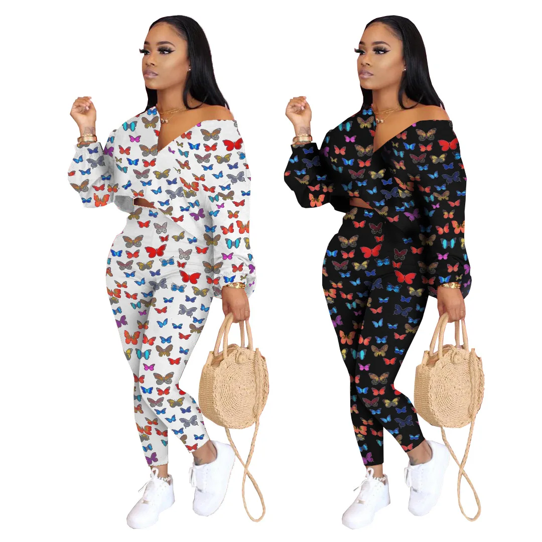 

Plus Size Fashion Casual Outfit Loose Sports Wear Butterfly Print Tracksuits Long Sleeve 2 Pieces Set Fall Clothing For Women, Picture color