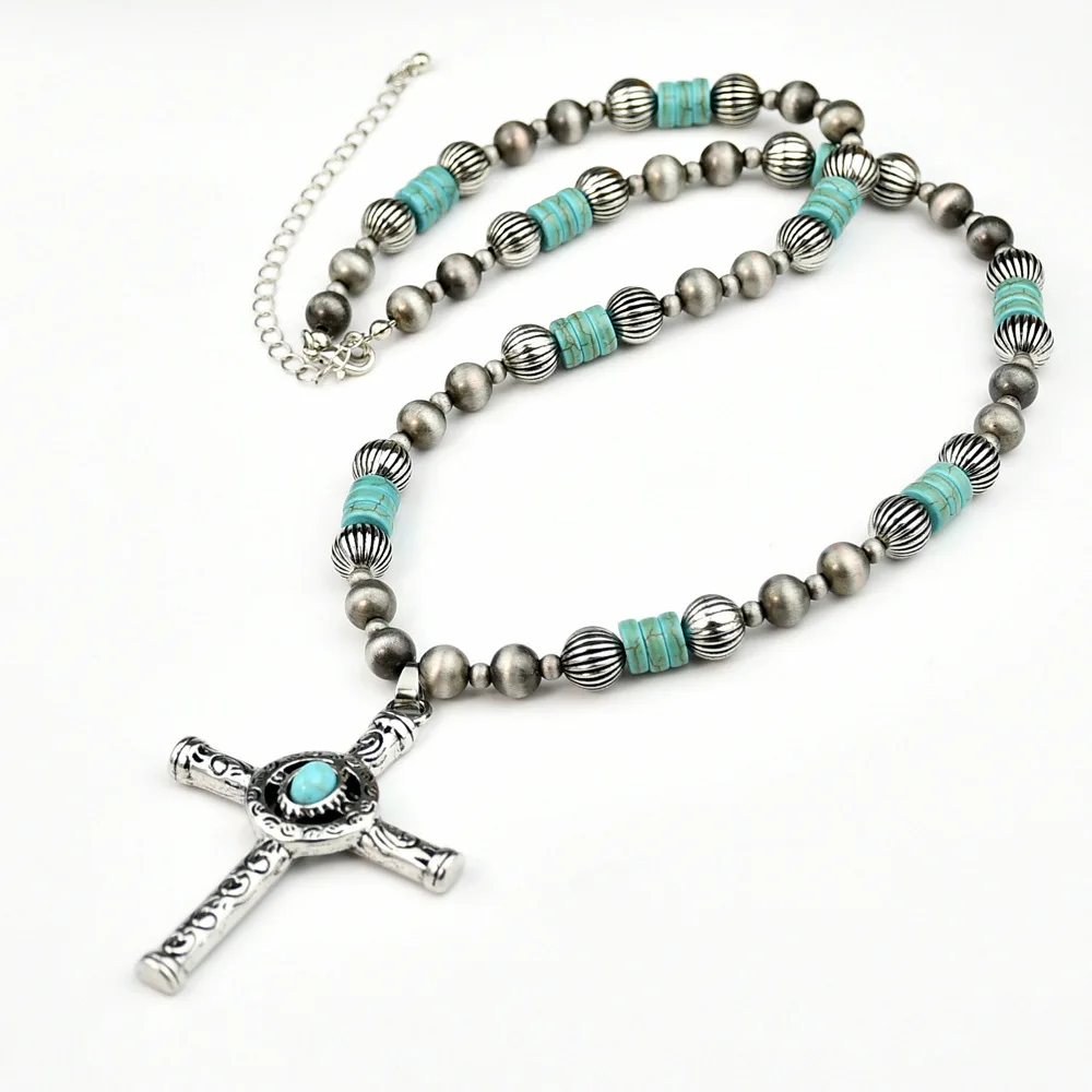 

Hot Sale CCB Beads Alloy Turquoises Tubule Beaded Cross Pendant Necklaces For Women Wholesale