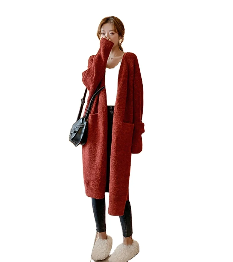 

Autumn And Winter Wear Buttonless Knitted Cardigan Sweater Shirt Women'S Mid-Length Loose Outer Long Sweater Coat Women, Red, gray, black, blue, apricot