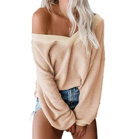 

2019 New Fancy Clothes V Neck Long Sleeve Waffle Knit Top Off Shoulder Pullover Top Women