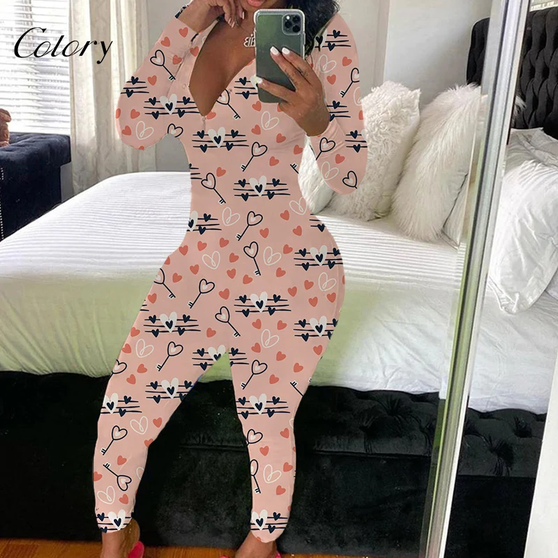 

Colory Wholesale Printed Pajamas Long Sleeve Deep V V-neck Jumpsuit, Picture shows