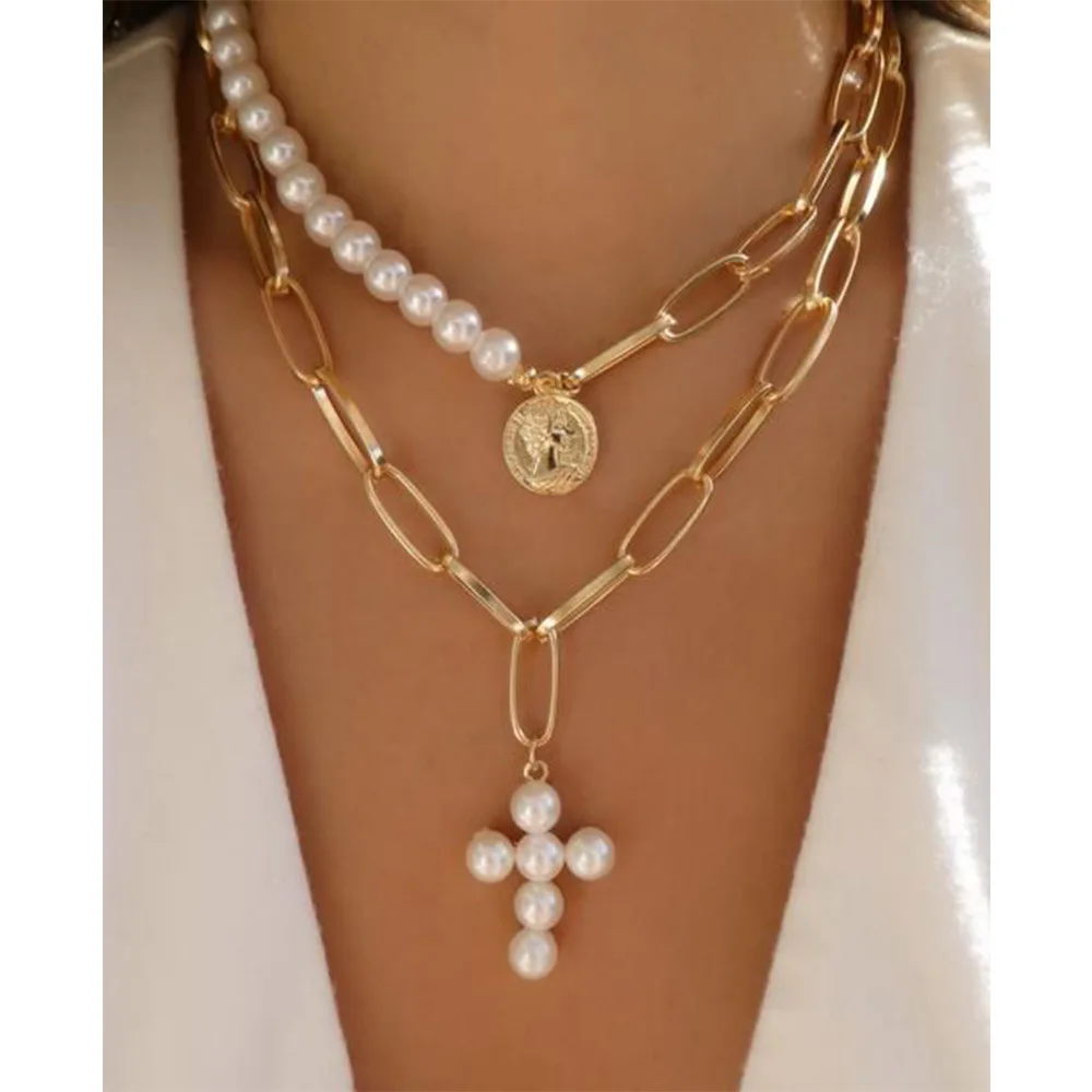 

Dylam Two Designs Pearl Chain Jesus Piece 18K Gold Cross Pendant Titanium 316L Stainless Steel Layered Adjustable Pearl Necklace