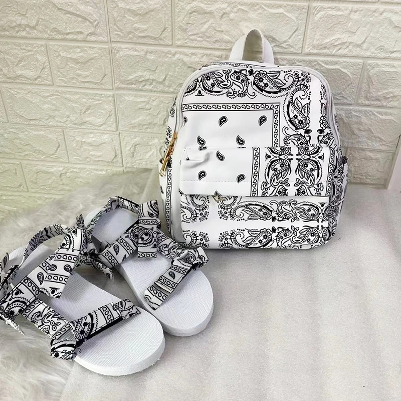 

sac chaussure mochila damas ensemble sac et chaussure Bandana Backpack Handbag Match Shoe Slipper Sandale And Bag Purse Set