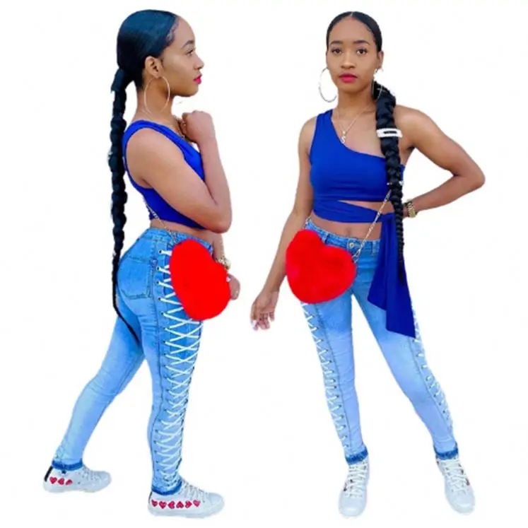 

D96238 Wholesale Ladies Clothes Gradient Casual Pockets High Wait Side Drew String 2021 Denim Jeans Women Pants