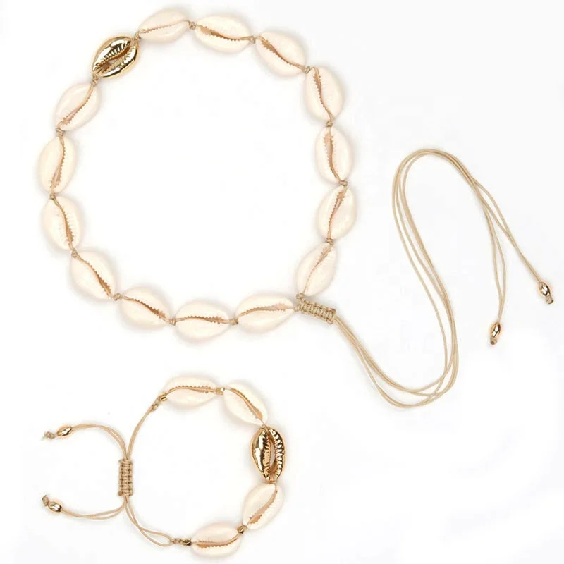 

Bohemian Handmade Natural Shell Alloy Necklace And Bracelet Set, As picture show