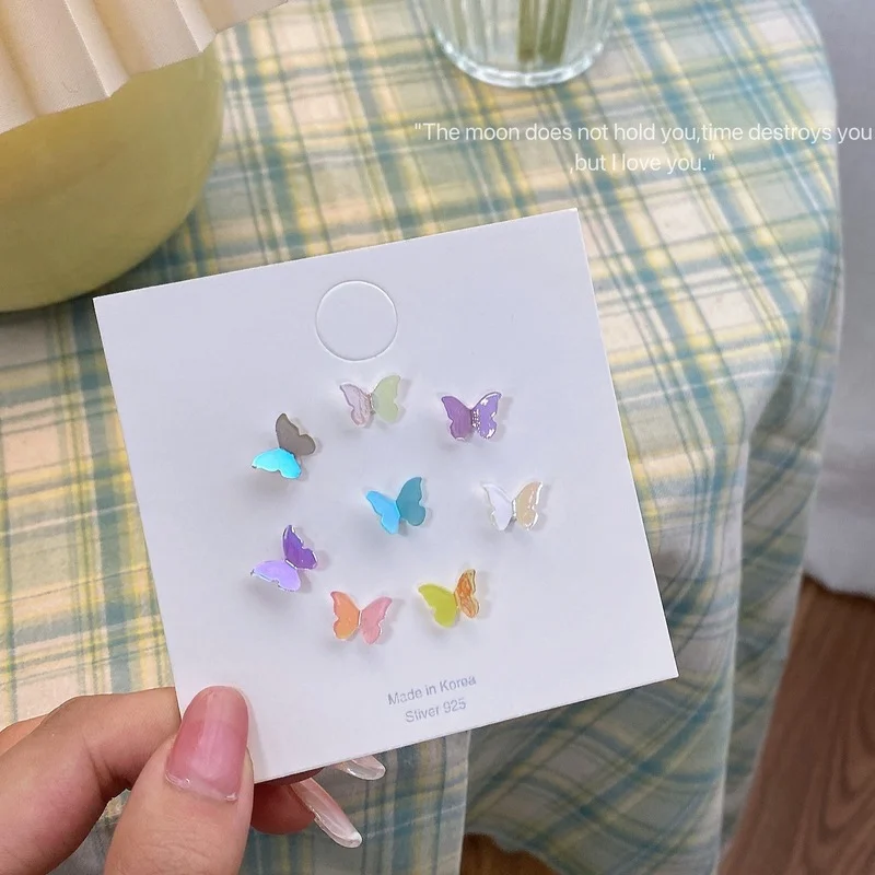 S925 Silver Needle Butterfly Stud Earrings Fashion Simple Multi Color Earrings Temperament Ladies Earrings Sets