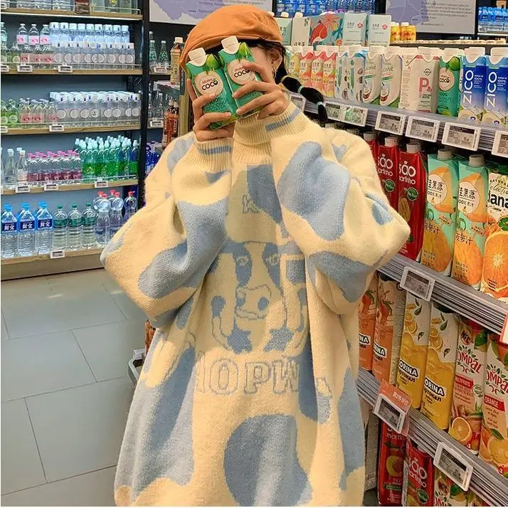 

Winter new sweet and cute cow warm high neck sweater female student Korean version loose wild sweater coat