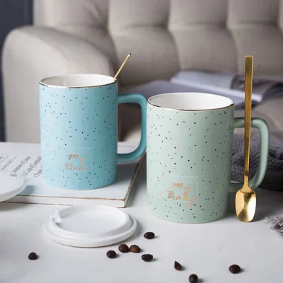 

New small fresh home office simple coffee mug with spoon and lid, As shown
