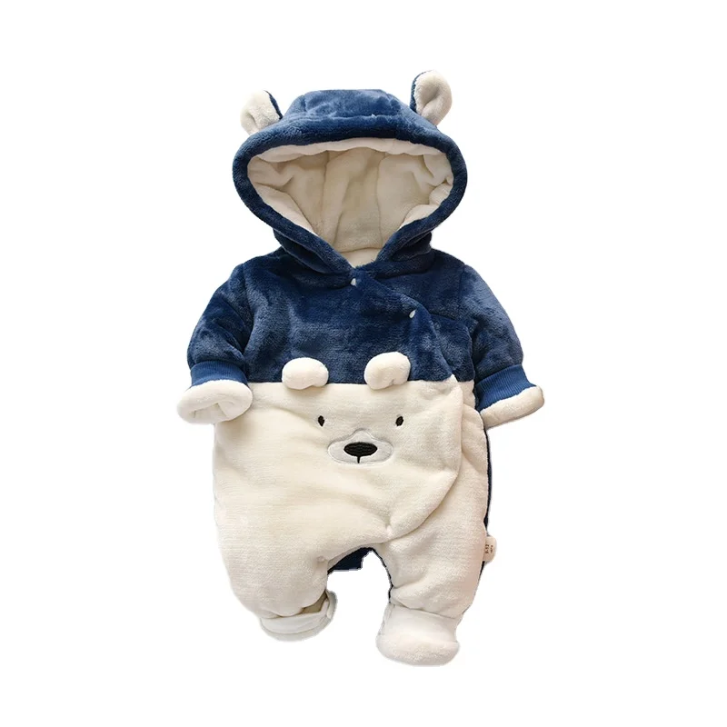 

Newborn clothes winter jumpsuit bear embroidery thick hooded baby romper