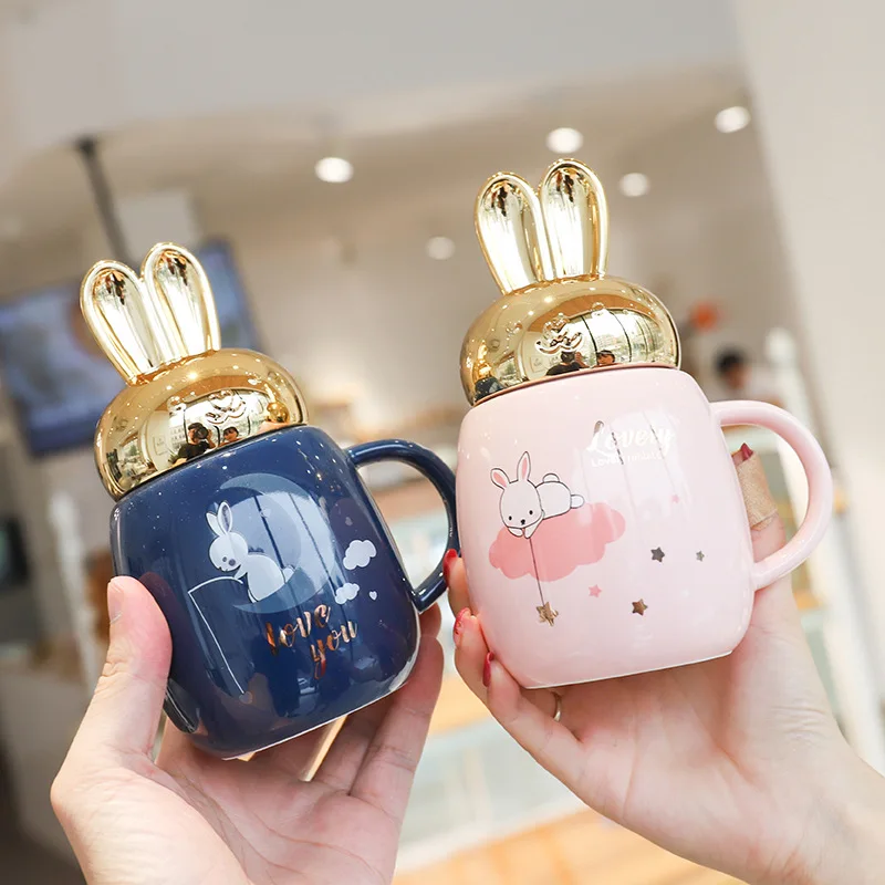 

Seaygift nordic creative cartooon handmade 3d rabbit ears espresso breakfast milk tea cups ceramic coffee mugs with handle, Black/pink/blue