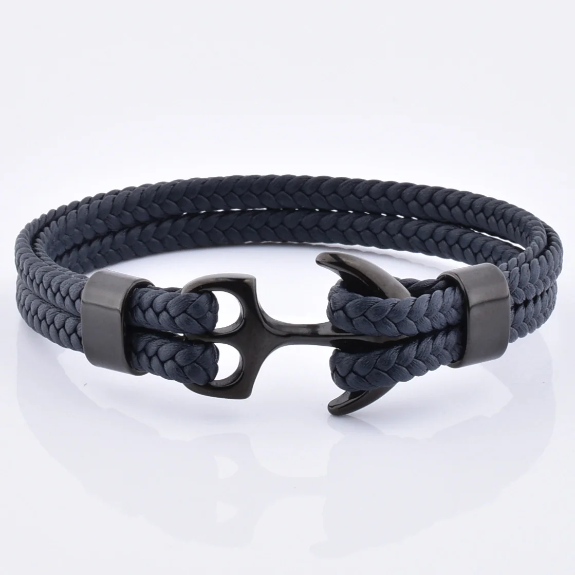 

Customized Braid Black Genuine Leather Wrap rope Anchor Bracelet