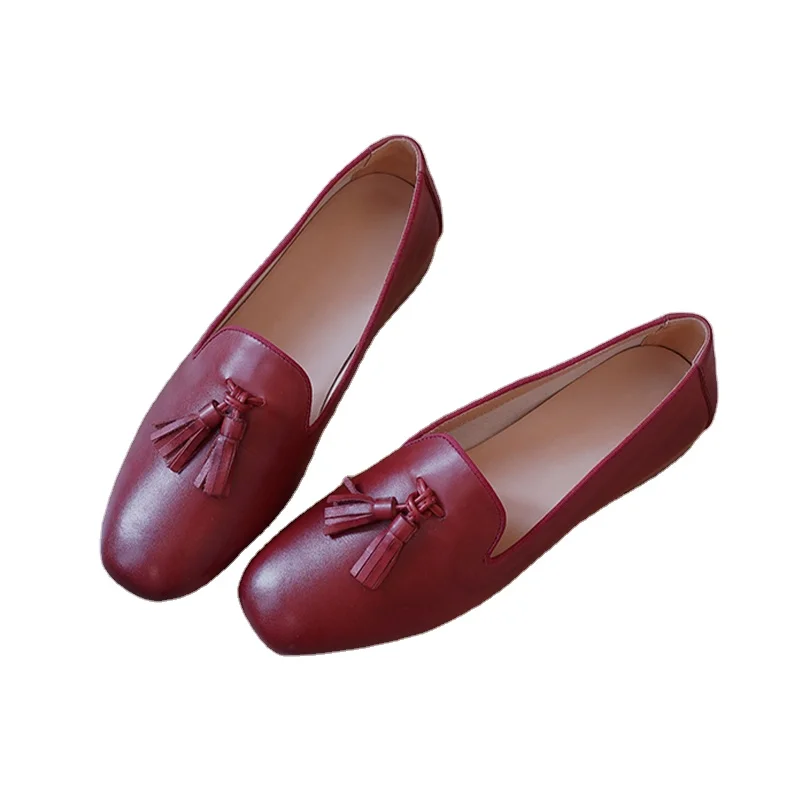 

Wholesale 2022 Flats Shoes Genuine Leather Red Brown Round Toe Slip-On Comfortable Women Loafers Flat Lady Footwear
