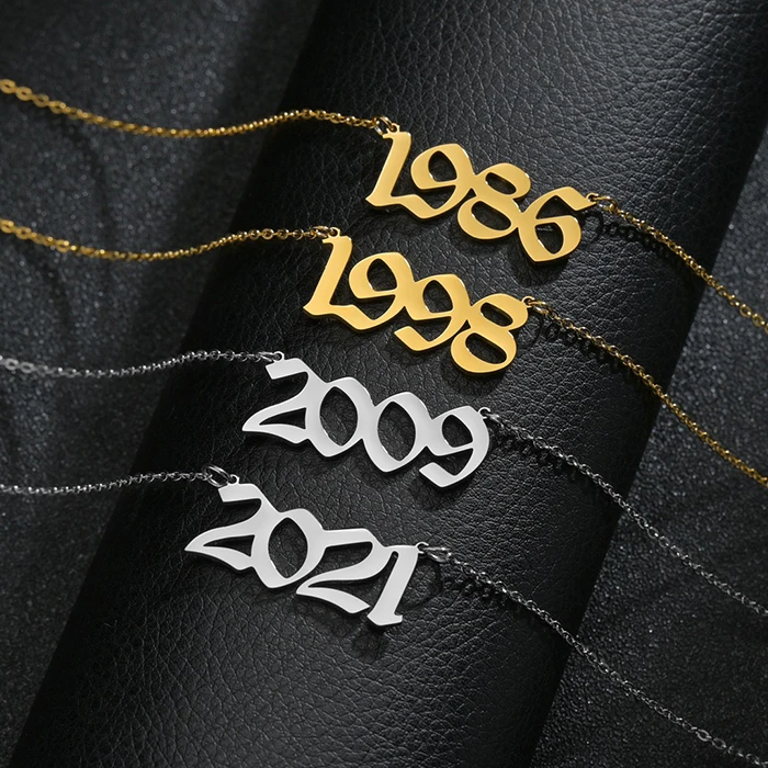 

1980-2021 Gold Silver Plated Charm Stainless Steel Pendant Women Girls Birth Number Year Necklace Jewelry, Silver & gold color