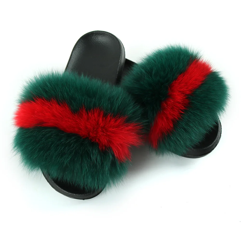 

2022 Big Fluffy Raccoon Women Sandal Fur Slippers Custom Wholesale Fox Fur Slide Ladies Girls flat Summer Outdoor Wear, Solid color