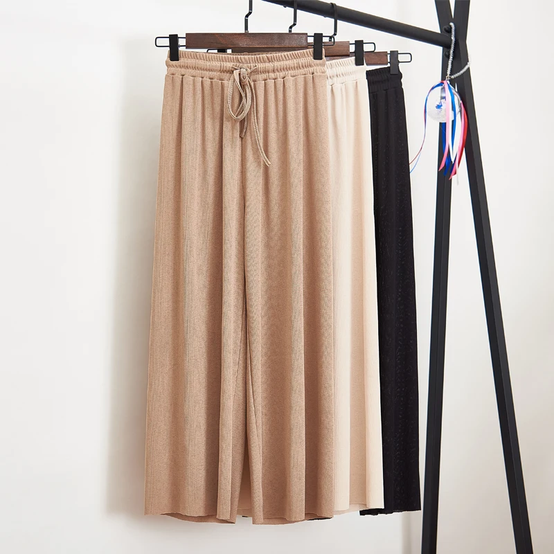 

Women Summer Thin Knit Trousers Black Wide Leg Loose Ankle Length Casual trouser Elastic Waist Plus Size Pants S-4XL