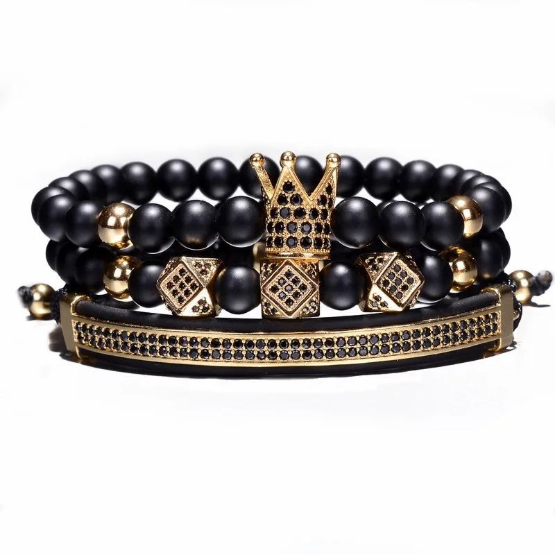 

3pcs/Set Hip Hop Elastic Rope CZ Crown Bracelet Striped Black Natural Stone Beads Women Men Luxury Jewelry Pulseira Bileklik