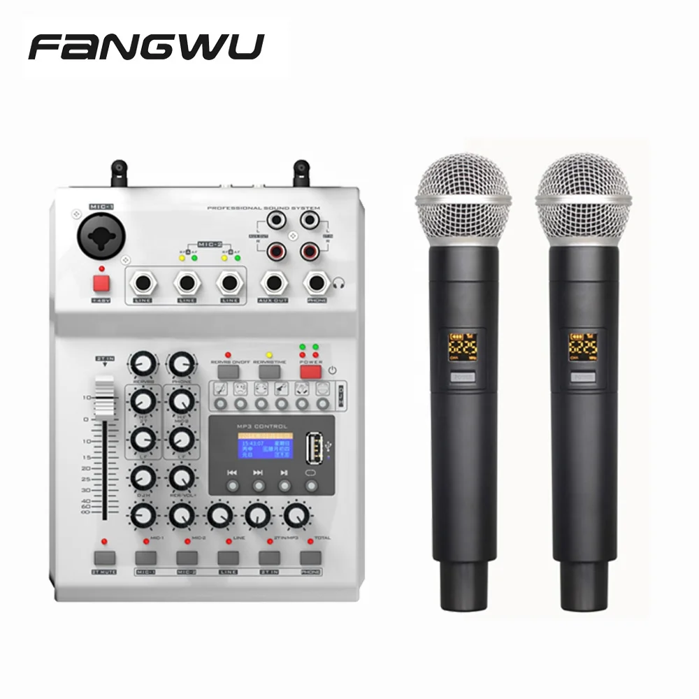 

Newest Mini Dual 2 Channel Wireless Handheld Microphone with USB BT Audio Sound Mixer Kit, White