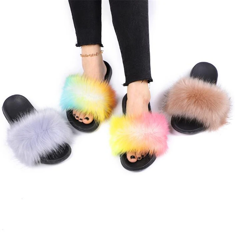 

Custom Logo Summer Home PVC Big Plush Platform Sandals Shoes Cute Fluffy Fox Fur Slides 2021 Pink Faux Fur Slipper For Women, As pictures or customized colors