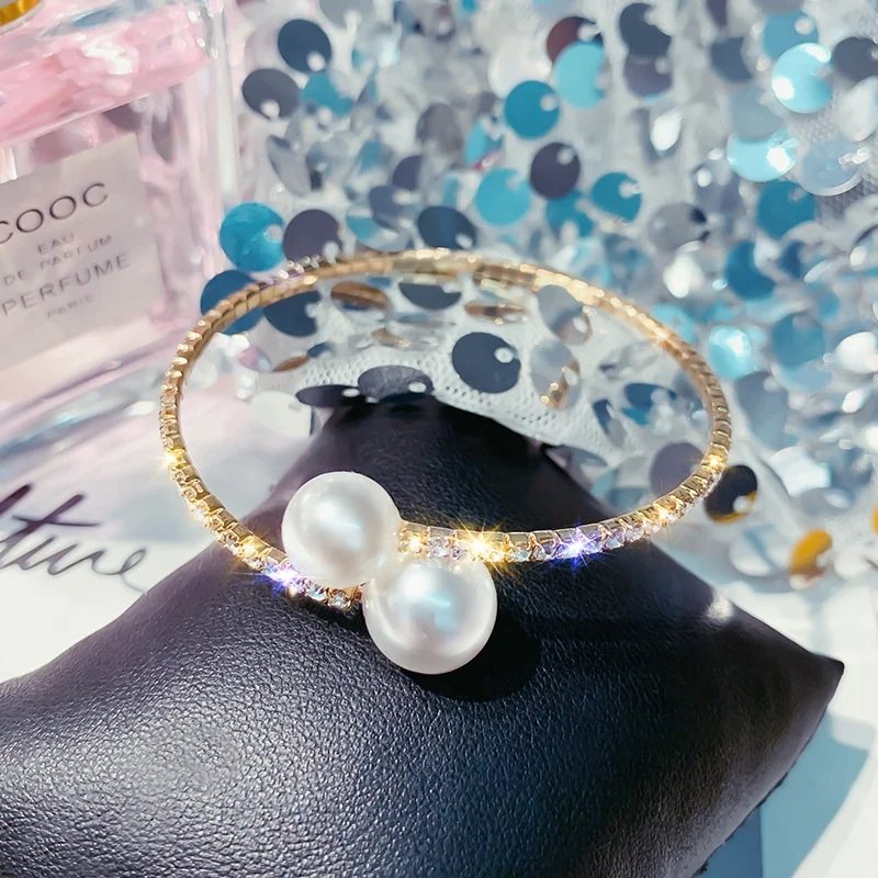 

New Super Flash Luxury Crystal Heart Bracelet Adjustable Pearl Bangle For Women Fashion Titanium steel Jewelry, Customized color