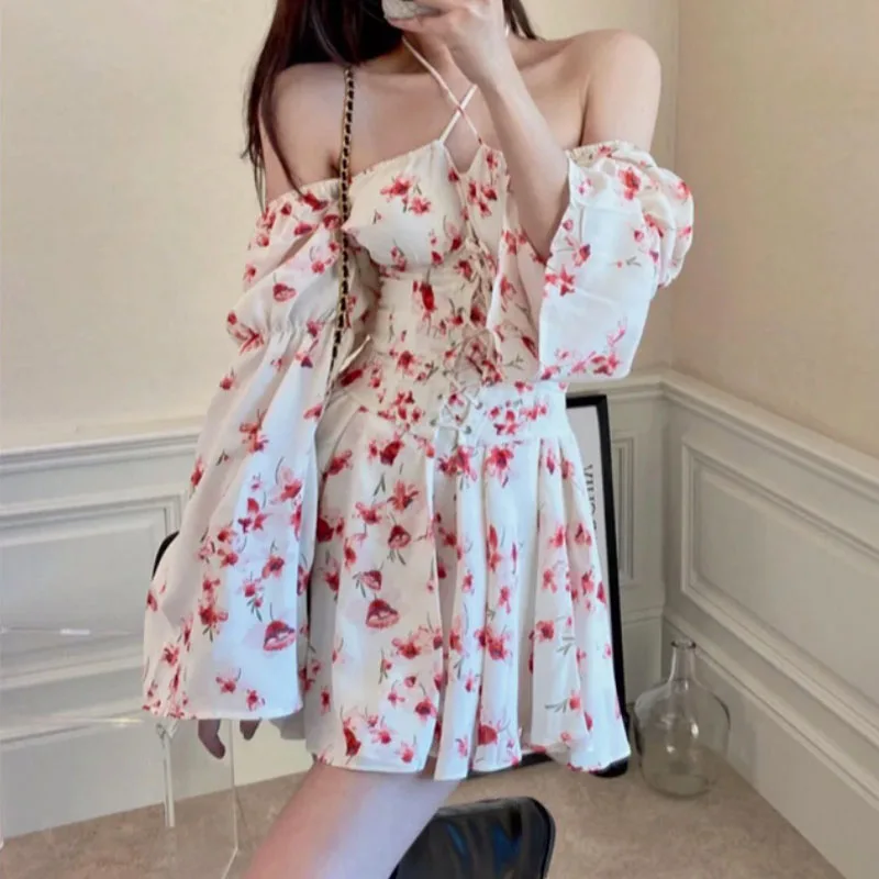 

D Design Sexy Vingate Mini Dress Women Long Sleeve elegant Floral Dress Casual One Piece Dress Korean Office Lady 2021 Summer