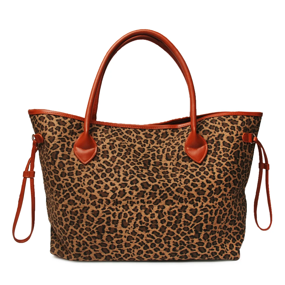 

Wholesale Brown Leopard Canvas Tote Large Purse Travel Overnight Weekender Handbags With Snap Closure DOM112-388