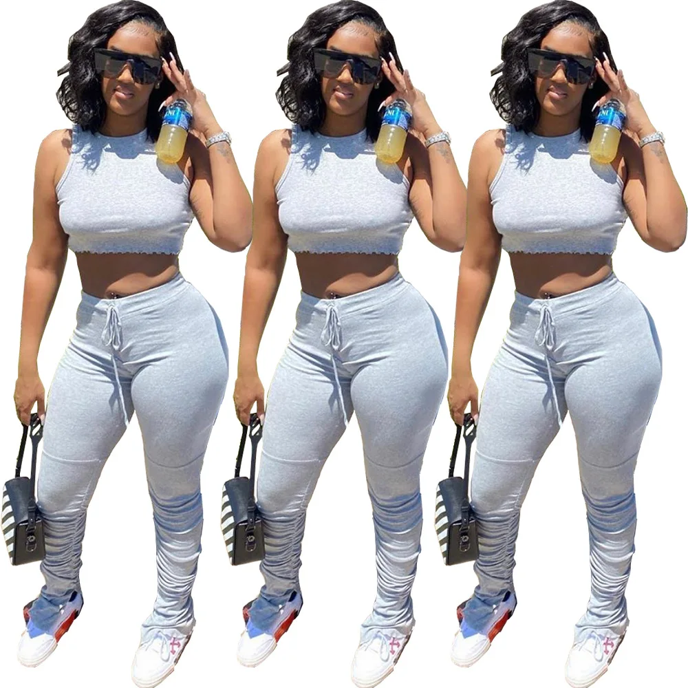 Wholesale 2021 new fashion trendy plus size two piece set women clothing summer crop top stacked pants set