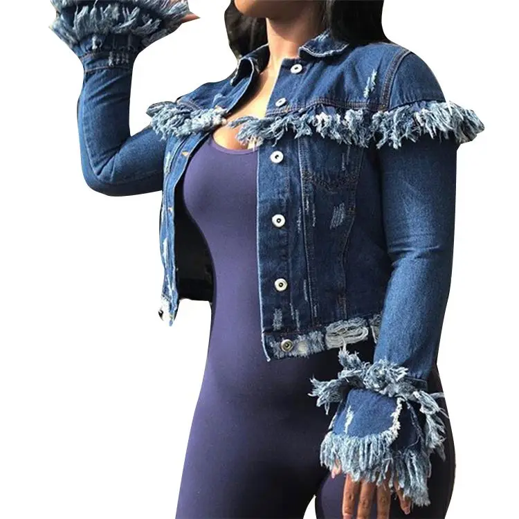 

Wholesale fall wear sexy women denim coats bomber jeans jacket with tassel, Customized
