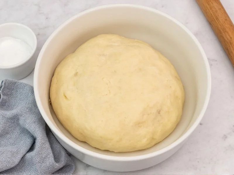 Homemade cinnamon yeast roll dough resting in bowl with damp cloth