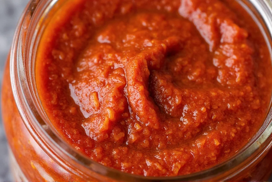 Close-up of authentic Calabrian chili pepper paste in glass jar with visible pepper flakes and olive oil separation