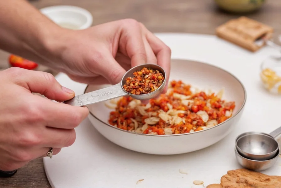 Chef's hand measuring chili flakes substitute into recipe with measuring spoons