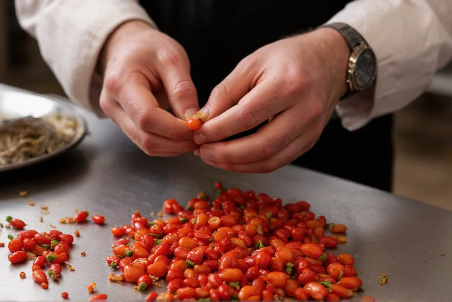 Chef carefully removing seeds from red chili peppers to control spiciness level