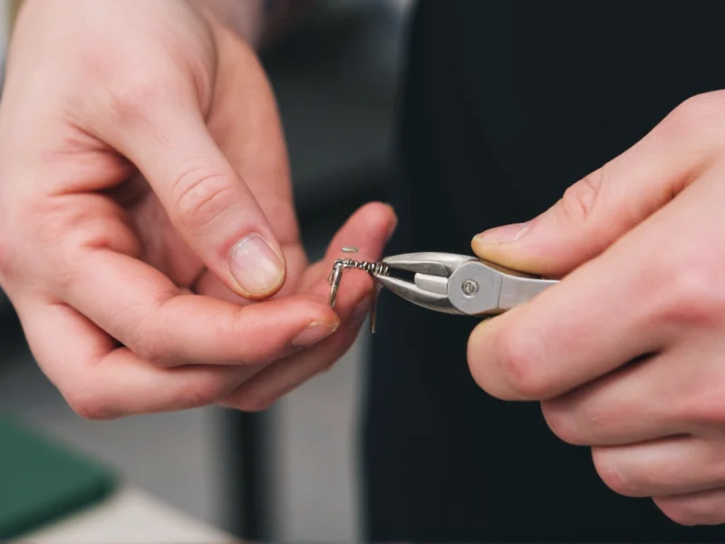 Hands using specialized pliers to manipulate a small spring