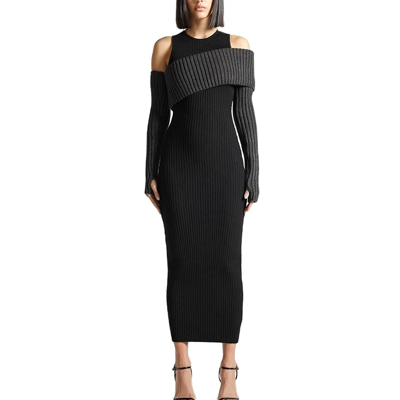 TWOTWINSTYLE Soild Slimming Bodycon Dresses Vest Type Long Sleeve Elegant for Women Knitted Dress