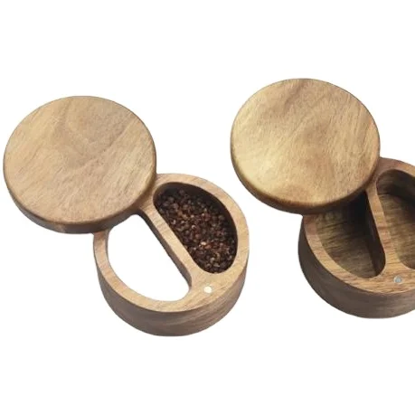 

Dia12*H 7 cm Salt and Pepper Container with Swivel Magnetic Lid to Keep dry, 2-Compartment Acacia Wood Salt Cellar