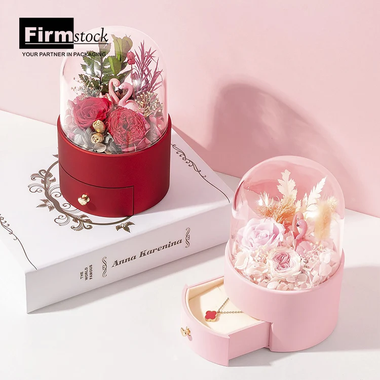

Forever Rose Luxury Drawer Acrylic Dome Glass Gift Wholesale Flower Pink Jewelry Square Boxes Flowers Eternal Roses Box