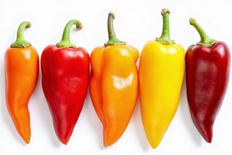 Close-up comparison of different pepper varieties showing shape, color, and texture variations for identification purposes