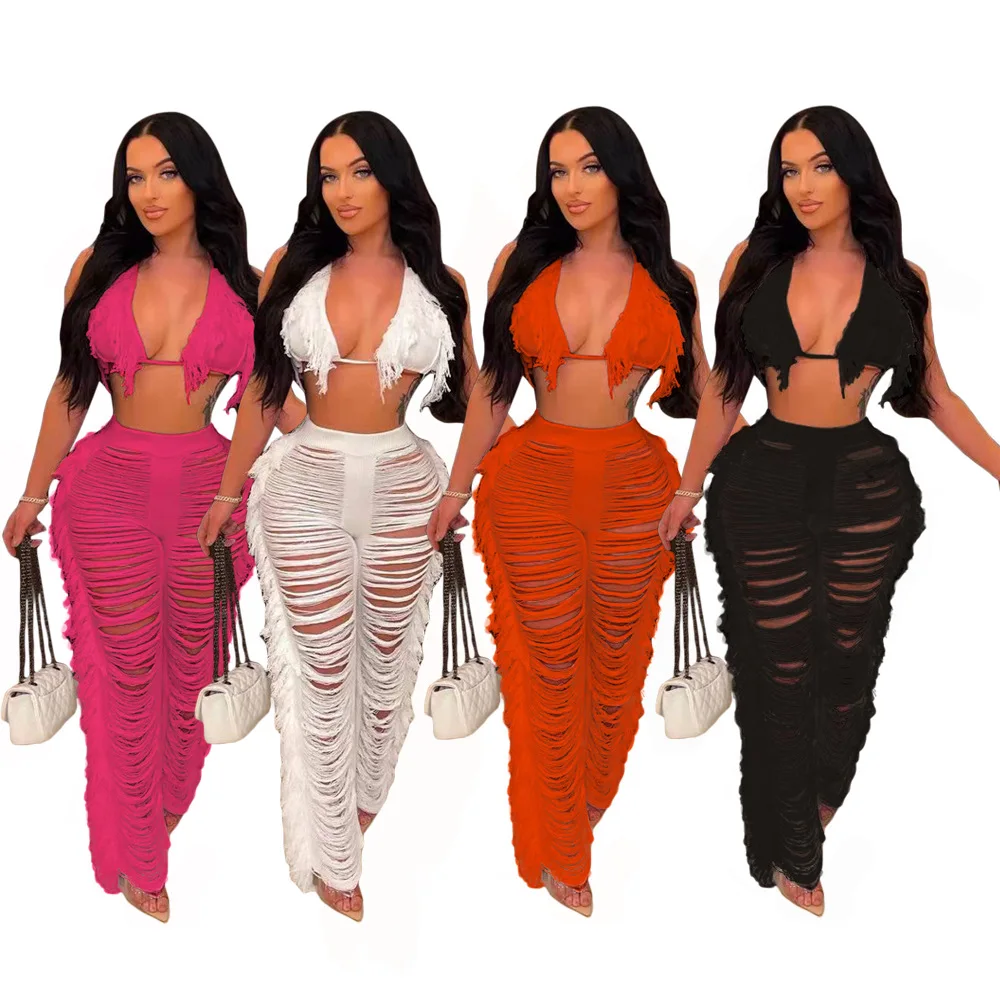 

2022 Summer Women Clothing Tassels Knitting Two Piece Pants Set Pure Color Beachwear Sexy Suits for Ladies