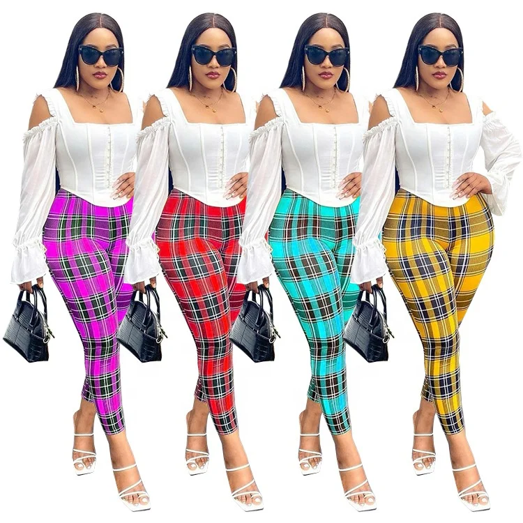 

MT233-9050 2021 new arrivals women trousers plaid printed trouser pant fashionable joker trousers