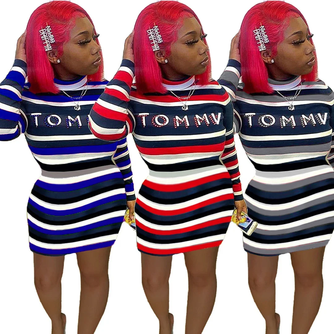 

MT49-6394 Wholesale ladies winter horizontal striped sexy long sleeve dresses elegant women dresses